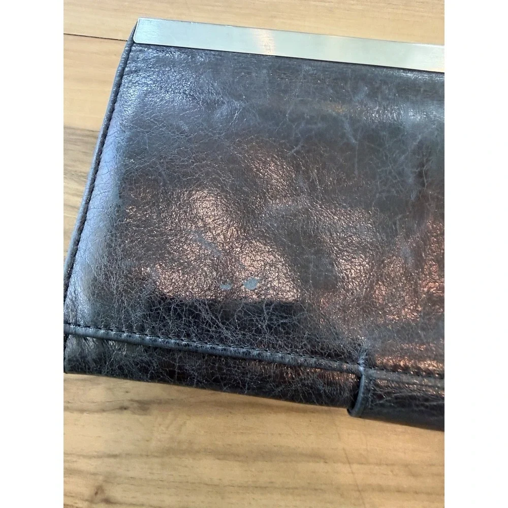 Hobo International Black Leather Clutch Wallet Organizer Silver Frame Large‎
